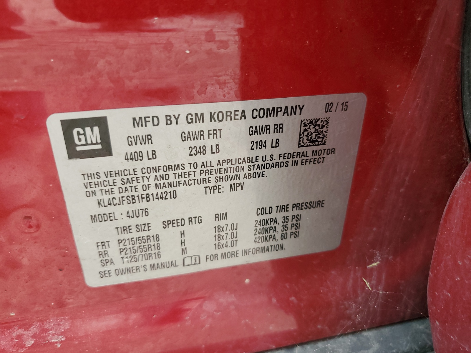 KL4CJFSB1FB144210 2015 Buick Encore Convenience