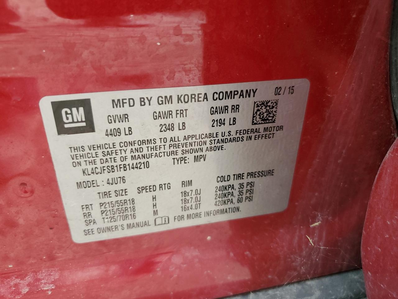 2015 Buick Encore Convenience VIN: KL4CJFSB1FB144210 Lot: 65212134