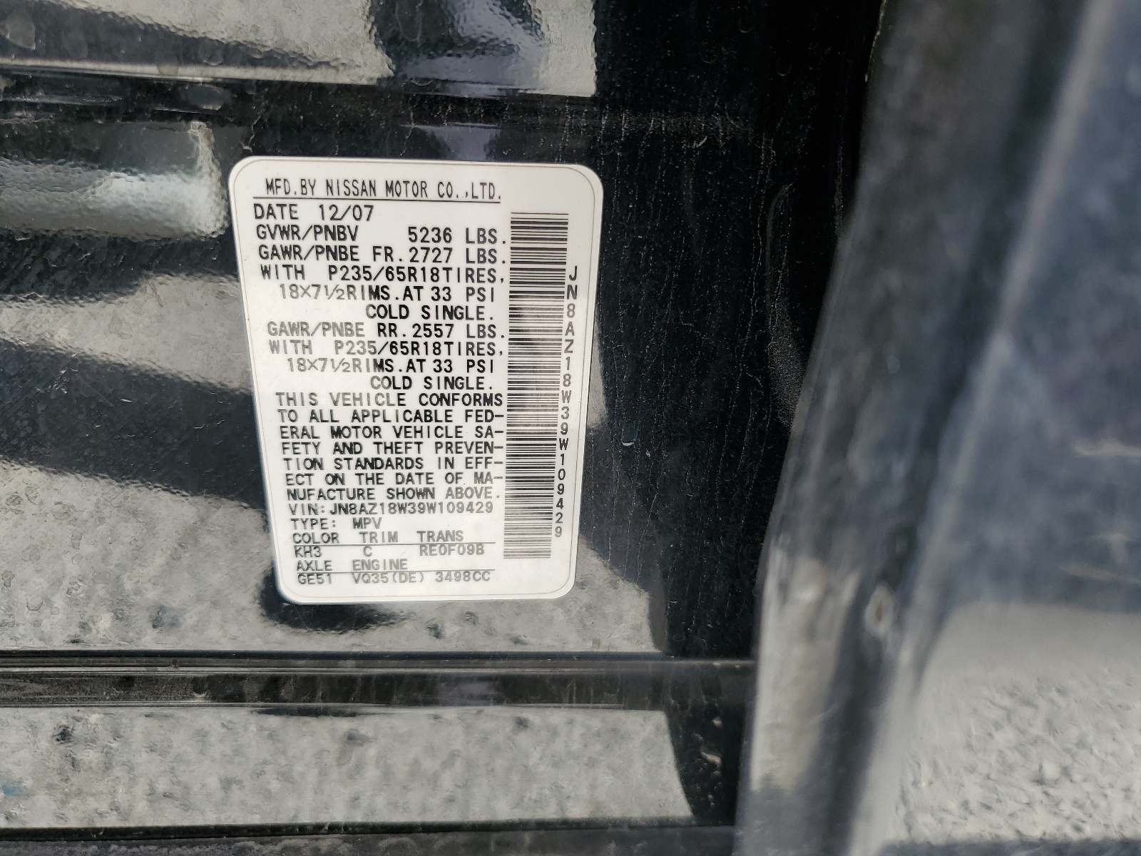 JN8AZ18W39W109429 2009 Nissan Murano S