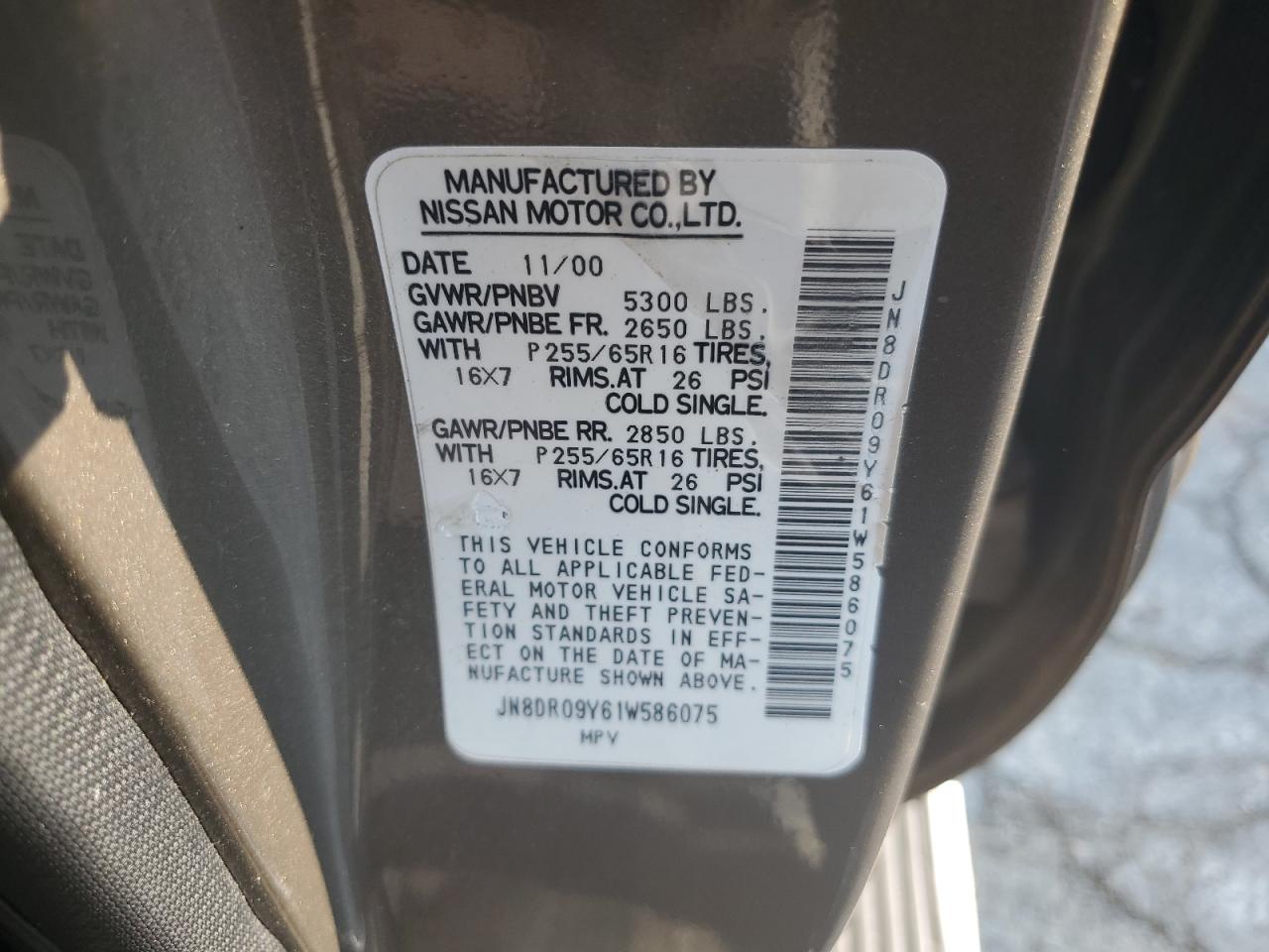 2001 Nissan Pathfinder Le VIN: JN8DR09Y61W586075 Lot: 64933864