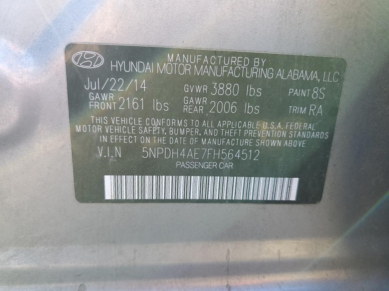 2015 Hyundai Elantra Se VIN: 5NPDH4AE7FH564512 Lot: 68351924