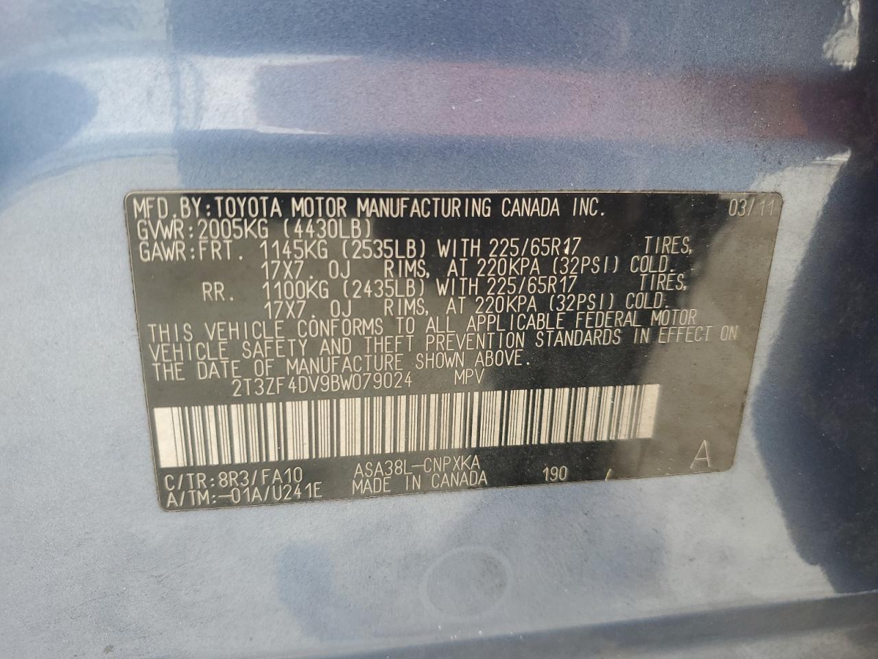 2011 Toyota Rav4 VIN: 2T3ZF4DV9BW079024 Lot: 65880914