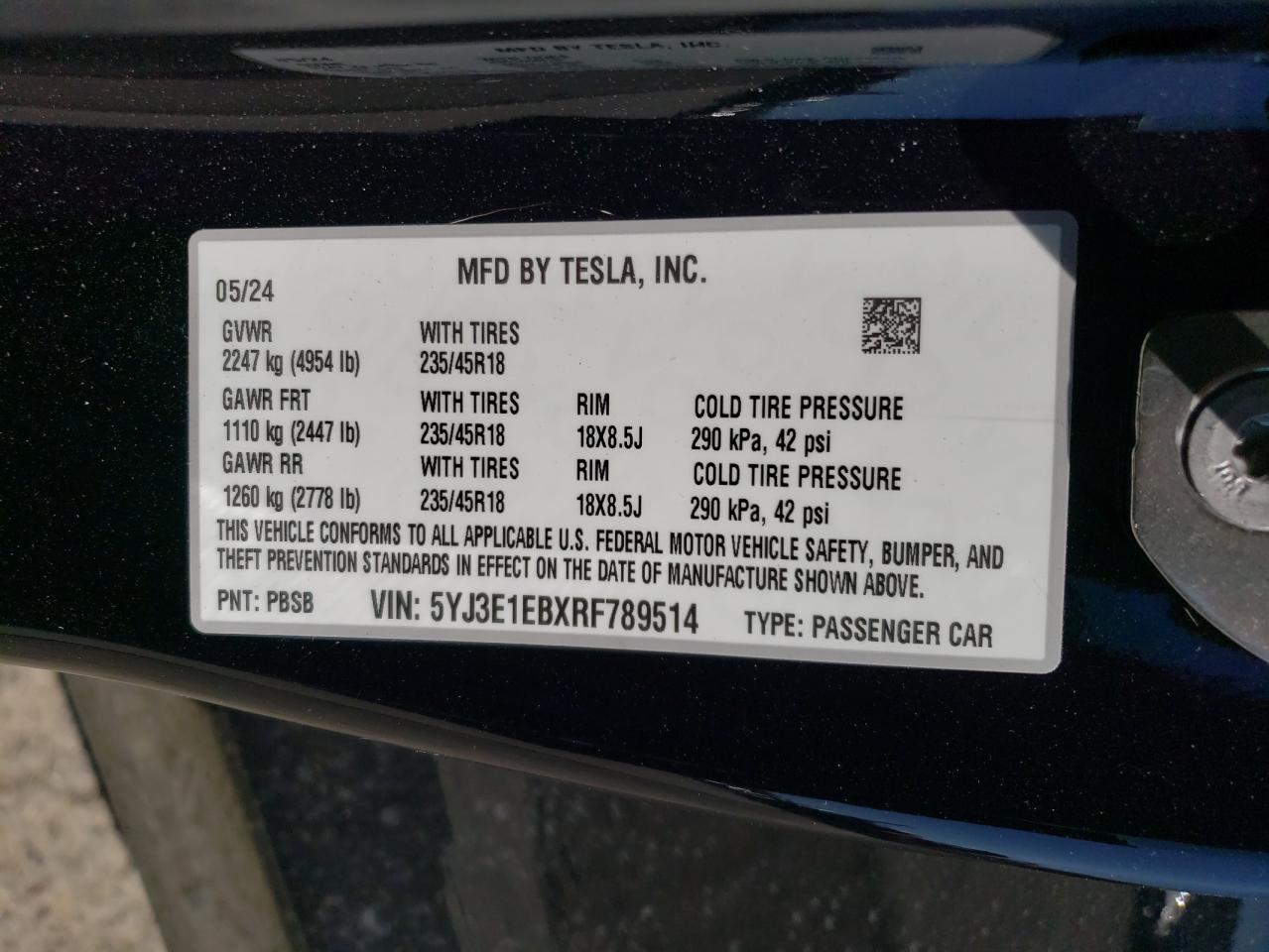 5YJ3E1EBXRF789514 2024 Tesla Model 3