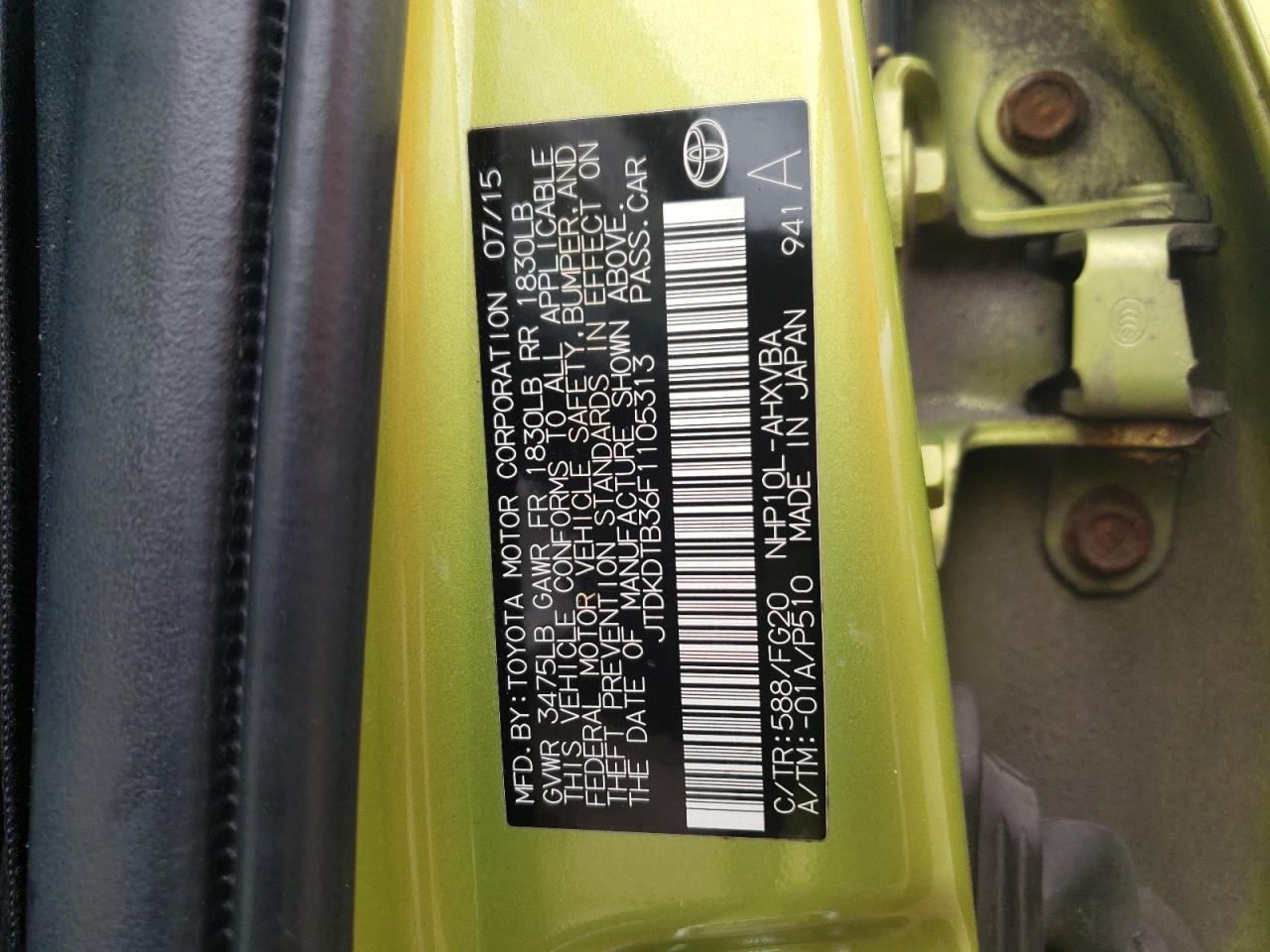 JTDKDTB36F1105313 2015 Toyota Prius C