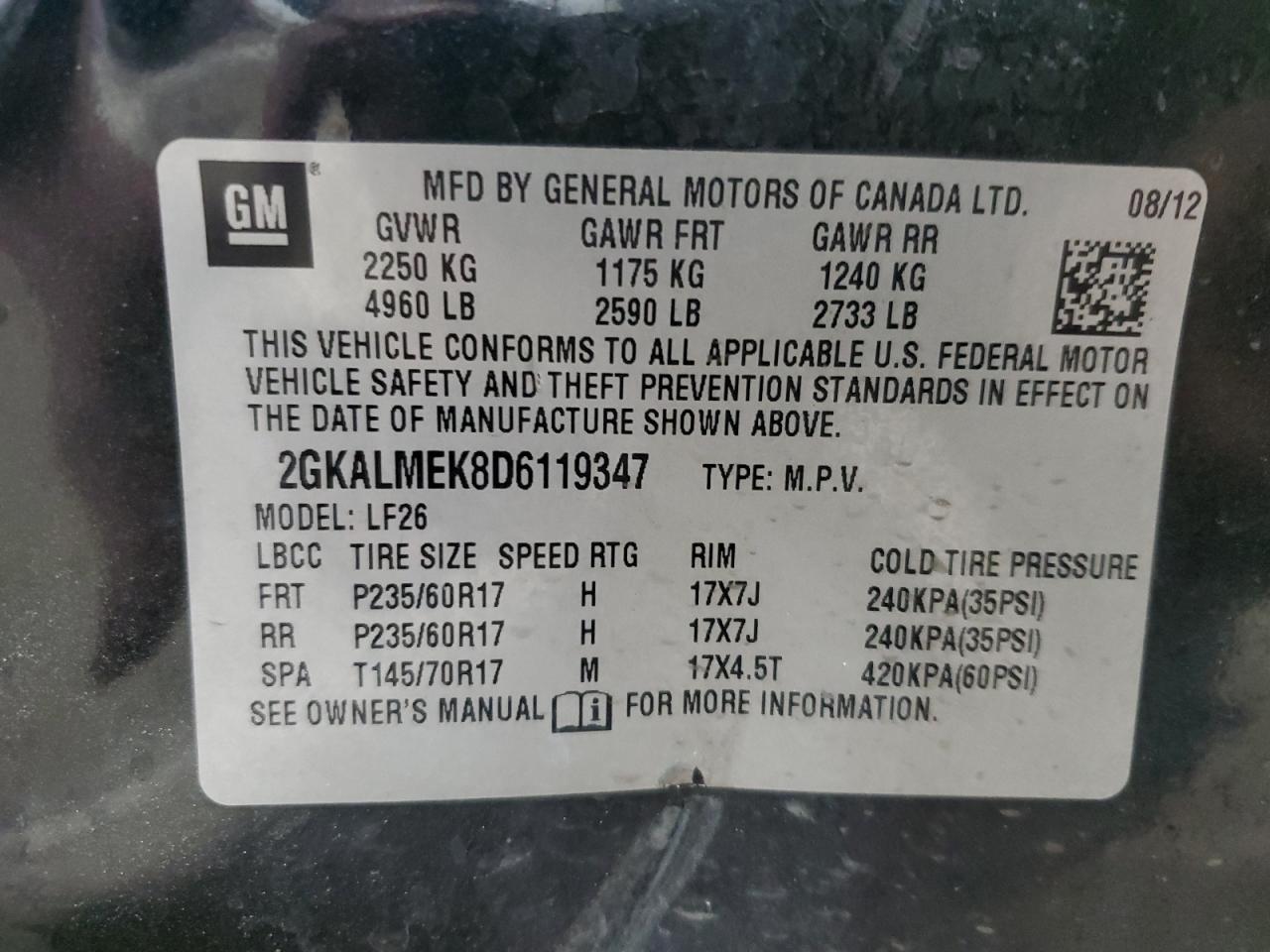 2013 GMC Terrain Sle VIN: 2GKALMEK8D6119347 Lot: 68568504