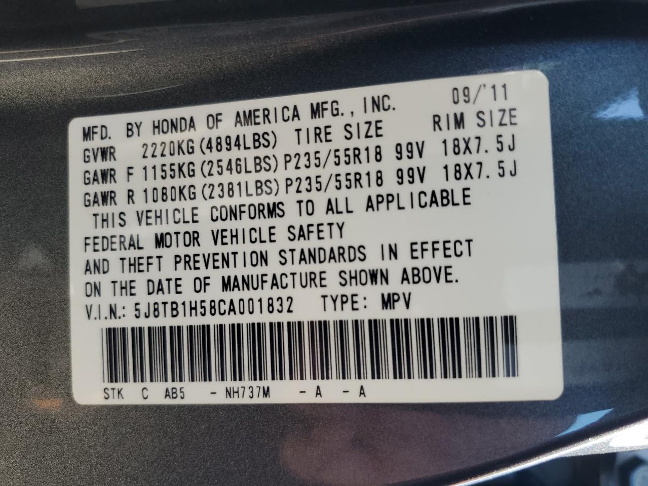 5J8TB1H58CA001832 2012 Acura Rdx Technology