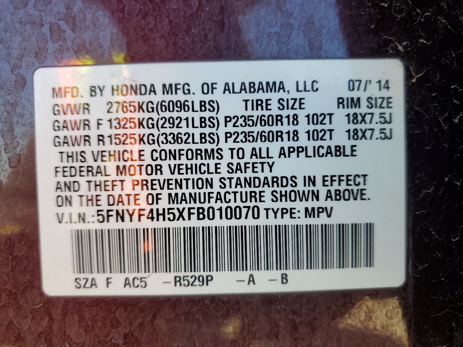 5FNYF4H5XFB010070 2015 Honda Pilot Exl