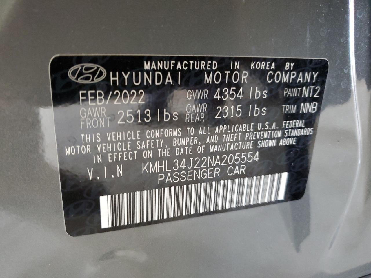 2022 Hyundai Sonata Limited VIN: KMHL34J22NA205554 Lot: 67263754