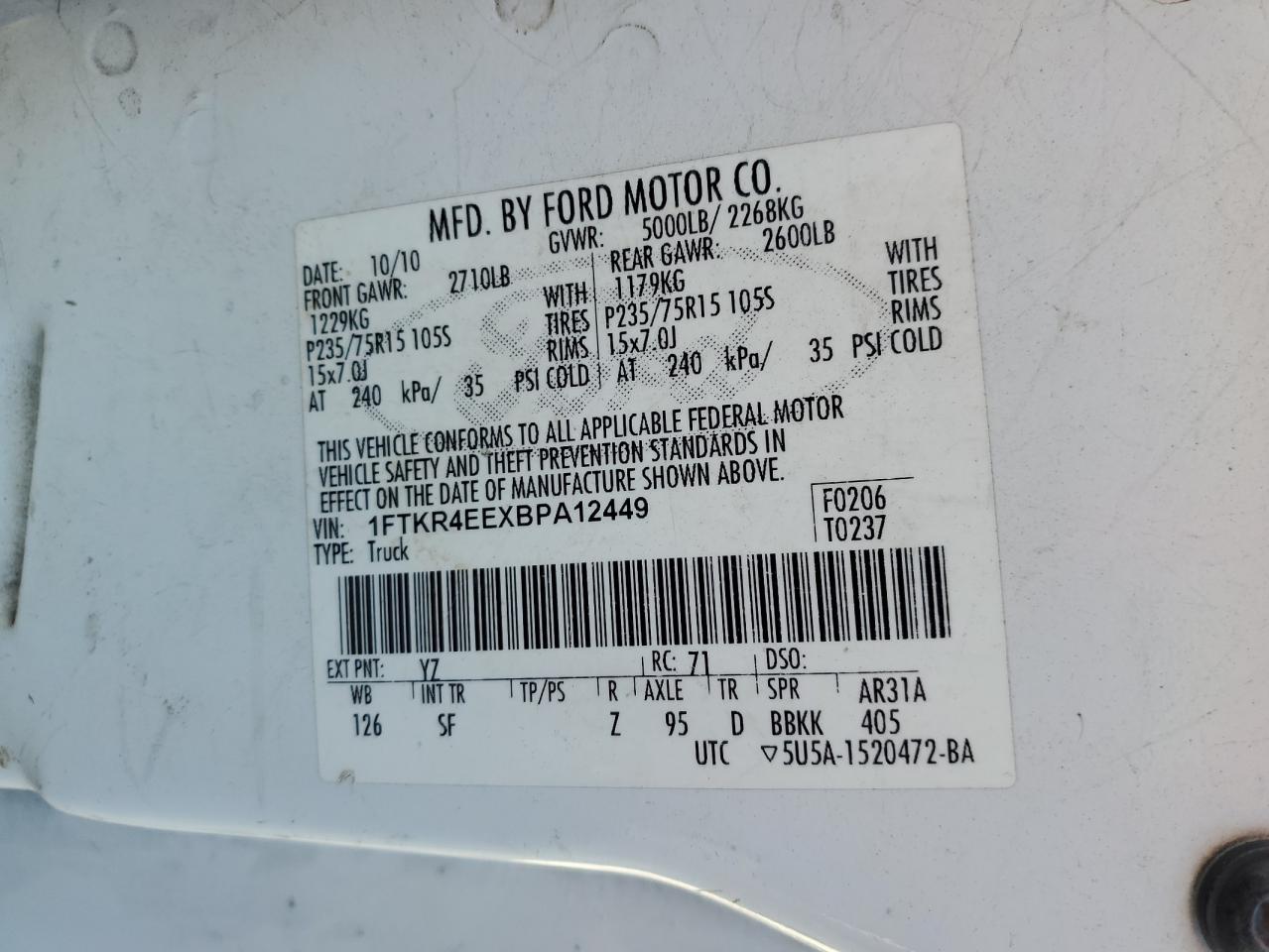 2011 Ford Ranger Super Cab VIN: 1FTKR4EEXBPA12449 Lot: 68031044