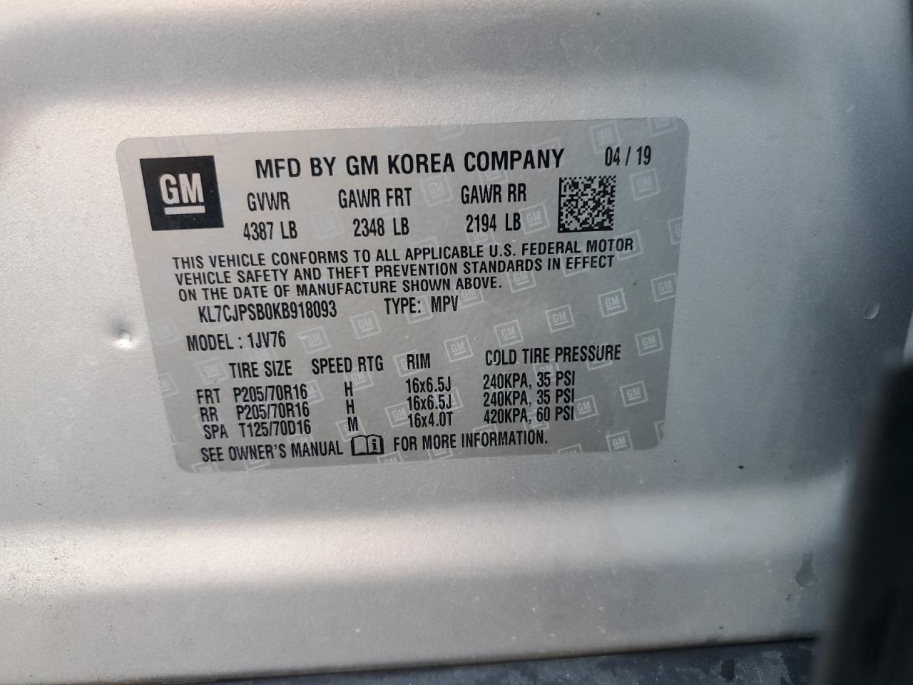 2019 Chevrolet Trax 1Lt VIN: KL7CJPSB0KB918093 Lot: 65601714