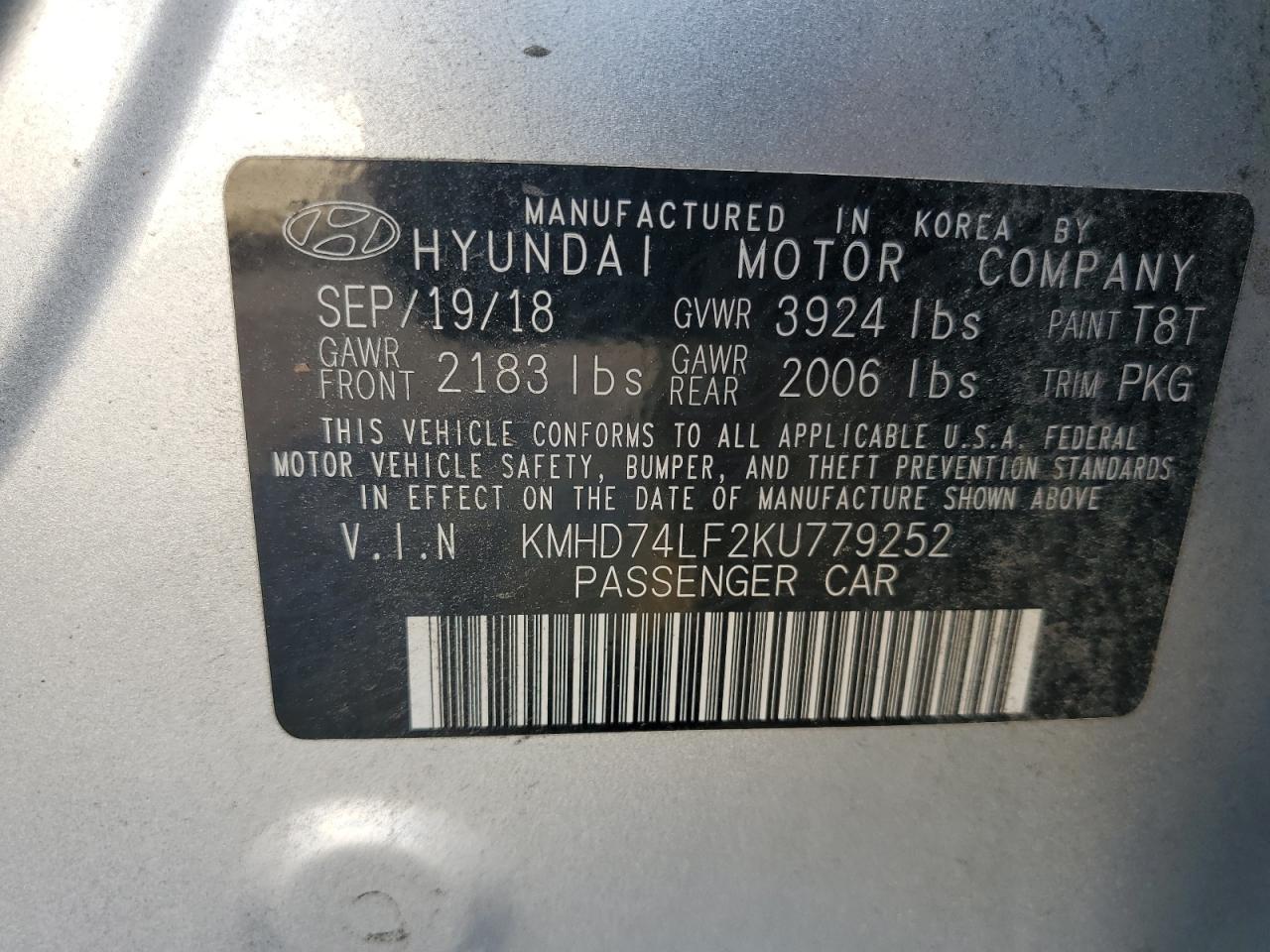 2019 Hyundai Elantra Se VIN: KMHD74LF2KU779252 Lot: 66246244