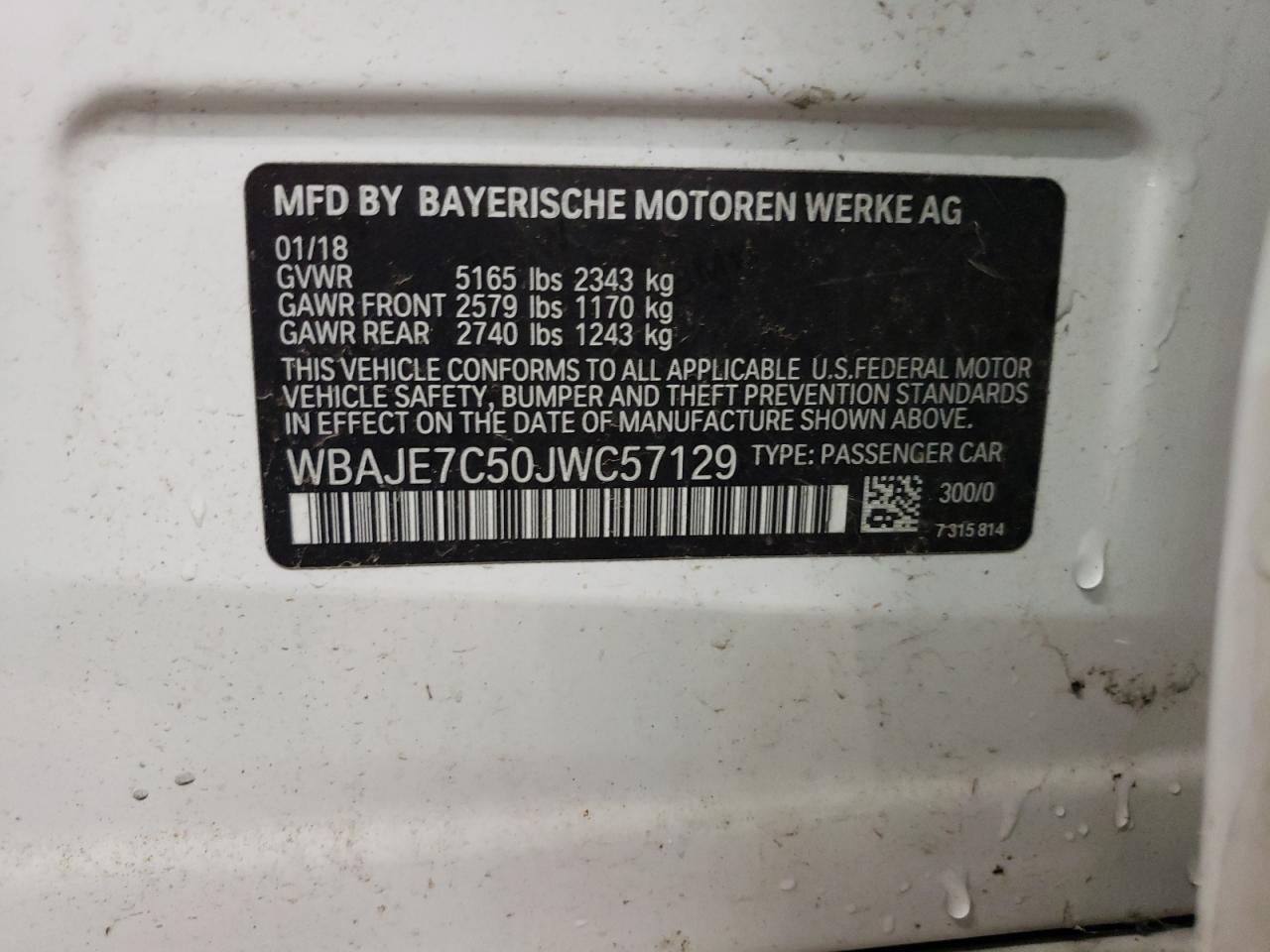 2018 BMW 540 Xi VIN: WBAJE7C50JWC57129 Lot: 65770104