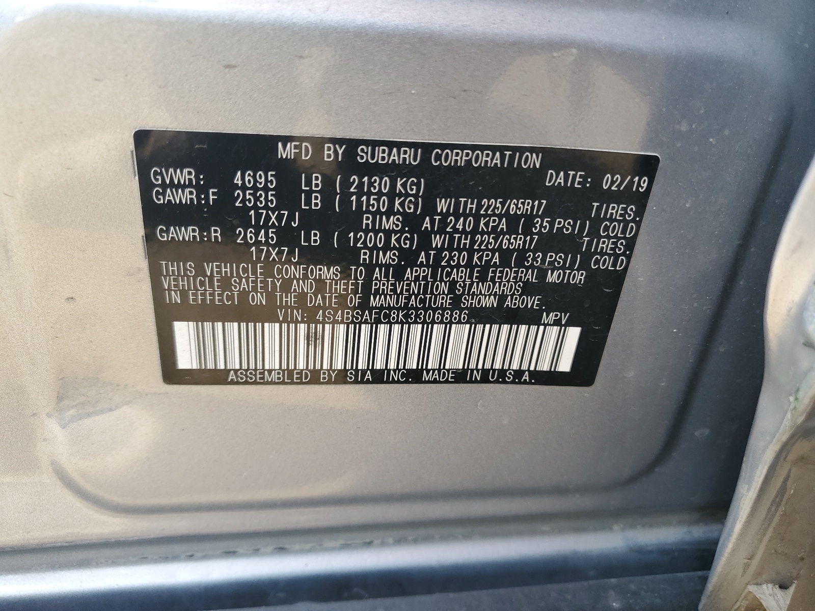 4S4BSAFC8K3306886 2019 Subaru Outback 2.5I Premium