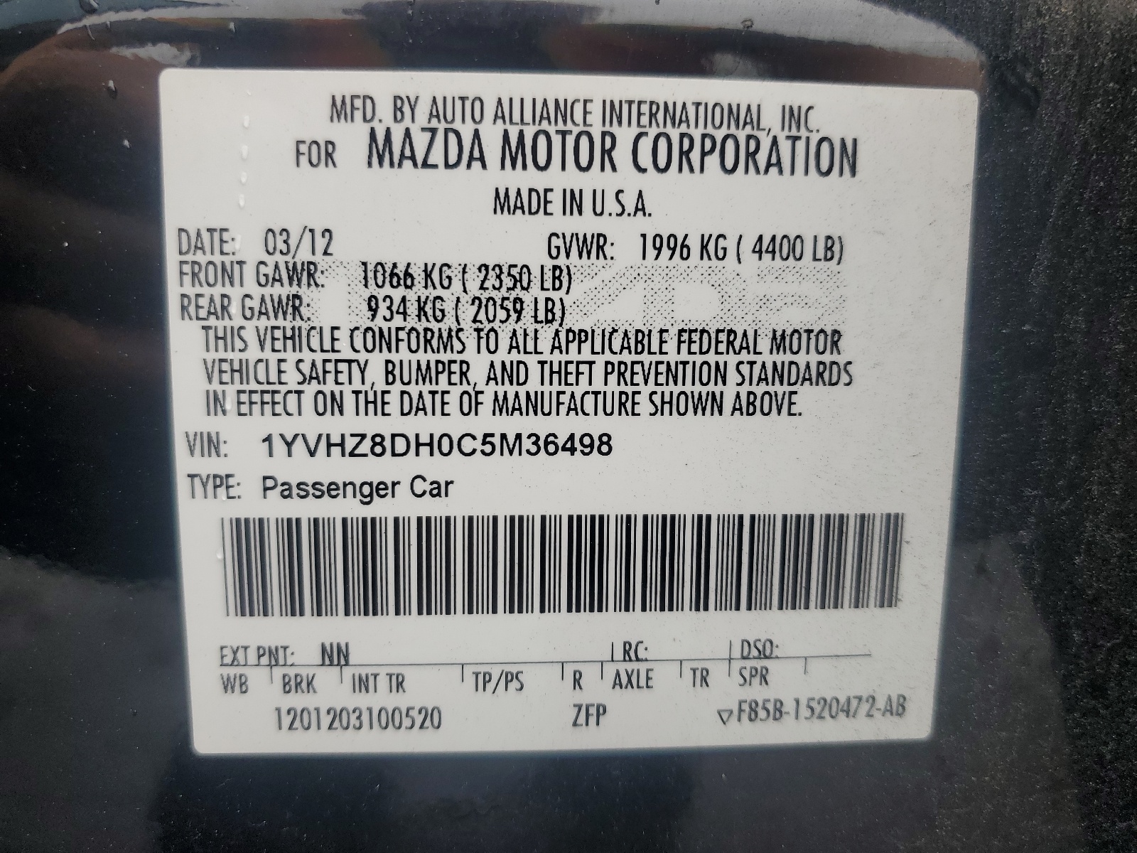 1YVHZ8DH0C5M36498 2012 Mazda 6 I