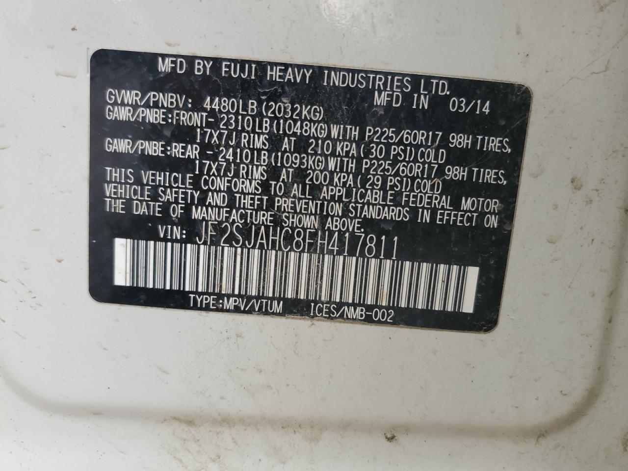 2015 Subaru Forester 2.5I Limited VIN: JF2SJAHC8FH417811 Lot: 66439594