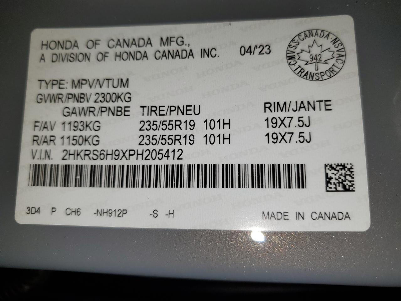 2023 Honda Cr-V Sport Touring VIN: 2HKRS6H9XPH205412 Lot: 65794804