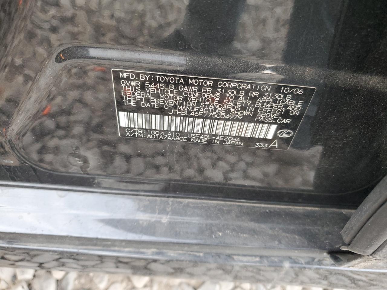 2007 Lexus Ls 460 VIN: JTHBL46F775004979 Lot: 65965264