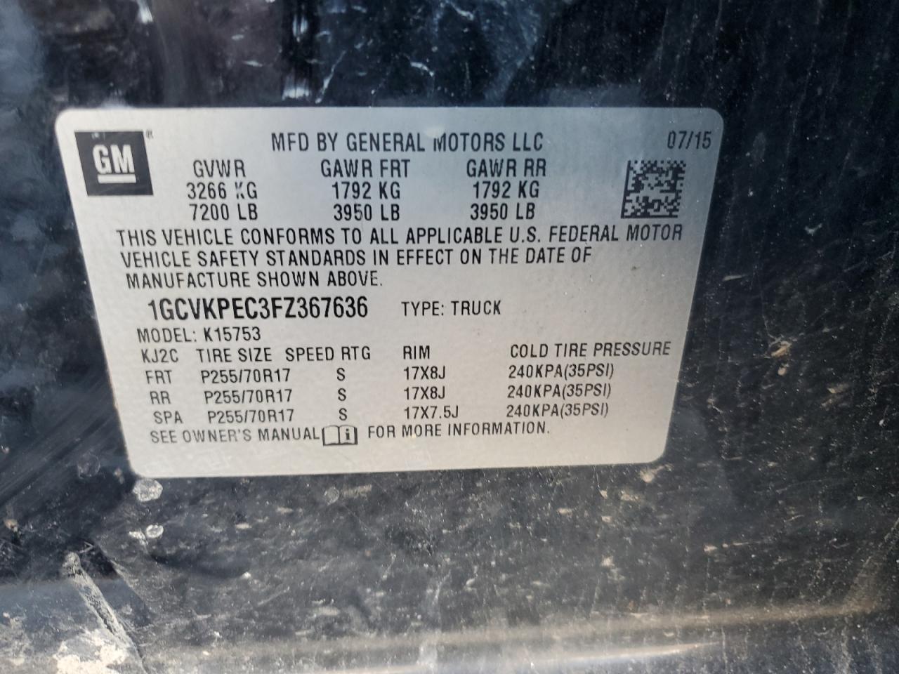 1GCVKPEC3FZ367636 2015 Chevrolet Silverado K1500