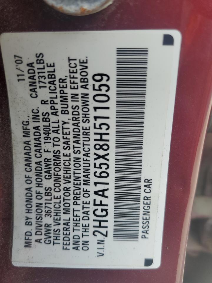 2008 Honda Civic Lx VIN: 2HGFA165X8H511059 Lot: 68936864