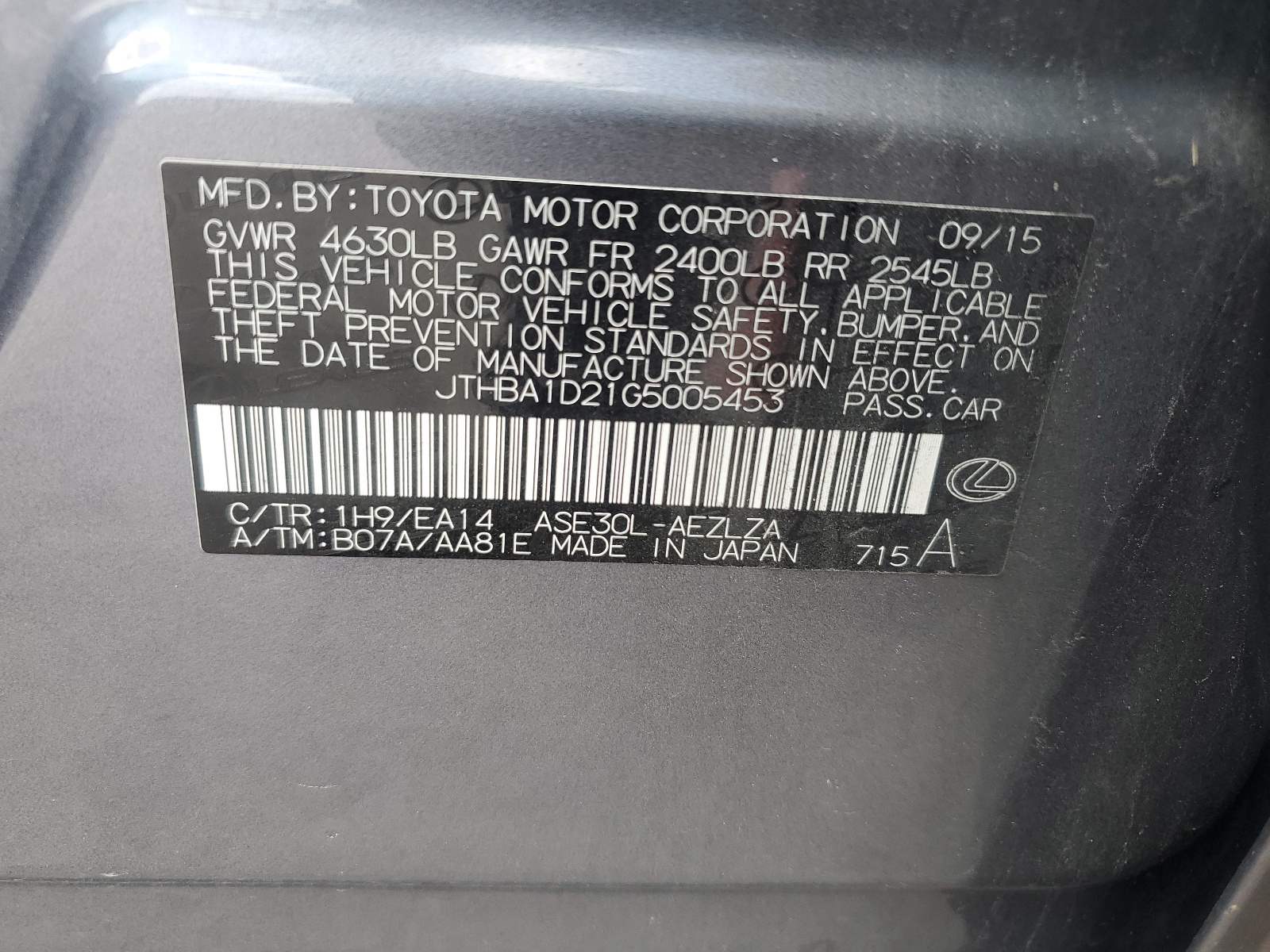 JTHBA1D21G5005453 2016 Lexus Is 200T