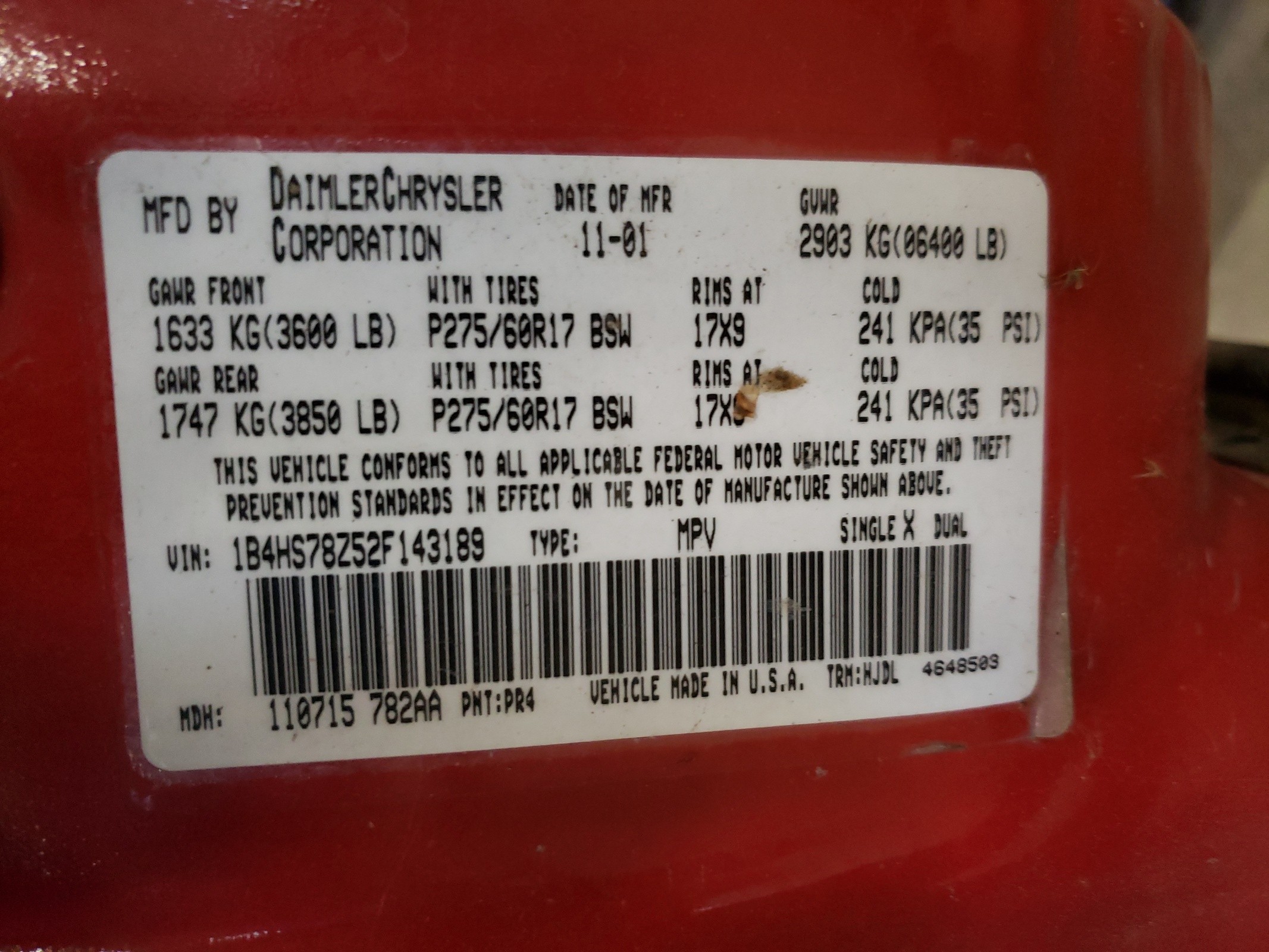 1B4HS78Z52F143189 2002 Dodge Durango R/T