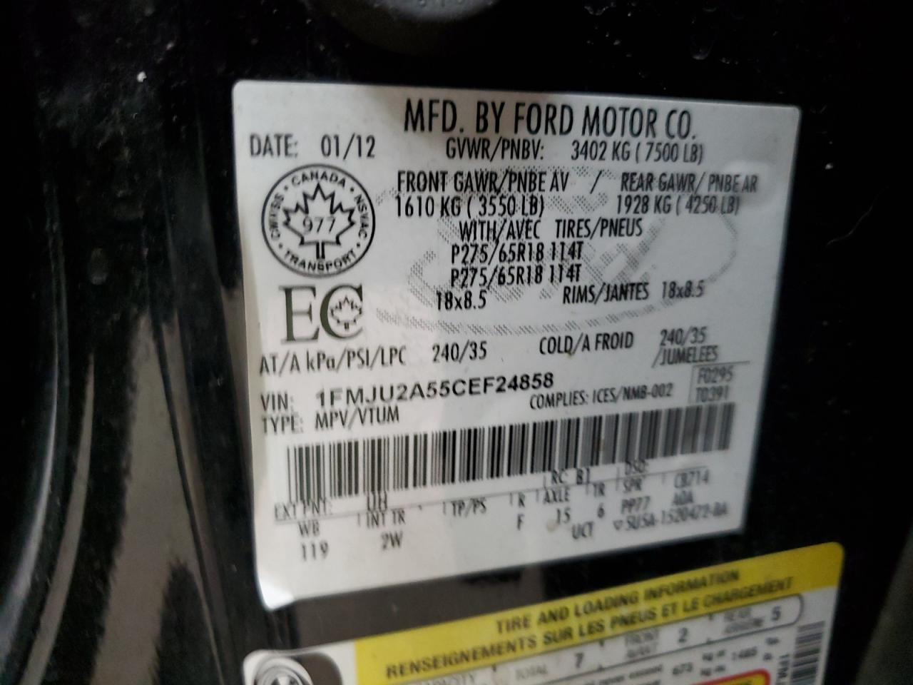 2012 Ford Expedition Limited VIN: 1FMJU2A55CEF24858 Lot: 65538494