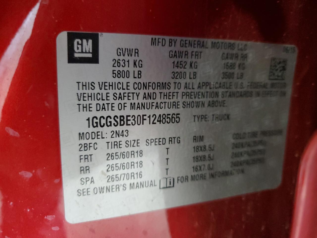 1GCGSBE30F1248565 2015 Chevrolet Colorado Lt