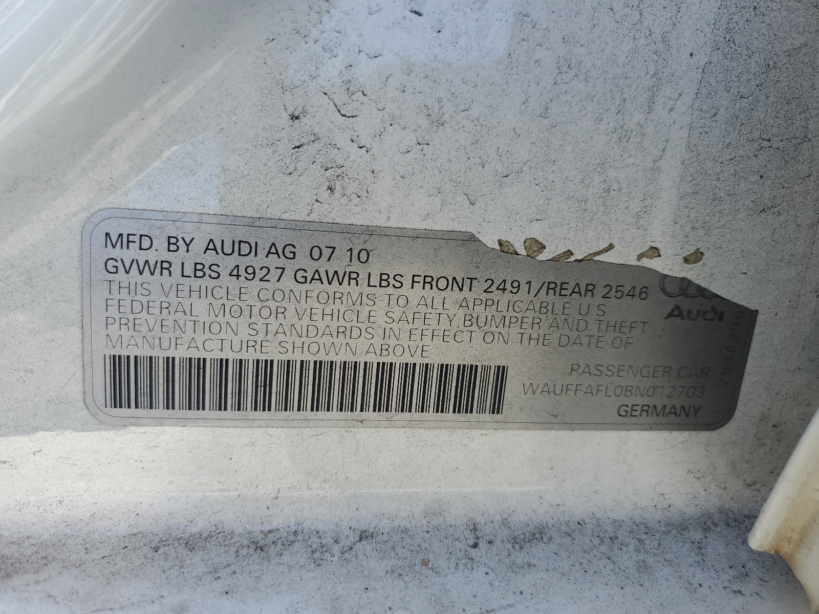 WAUFFAFL0BN012703 2011 Audi A4 Premium Plus