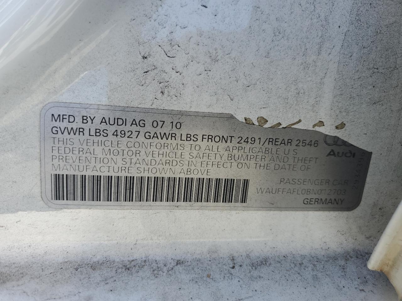 2011 Audi A4 Premium Plus VIN: WAUFFAFL0BN012703 Lot: 66535534