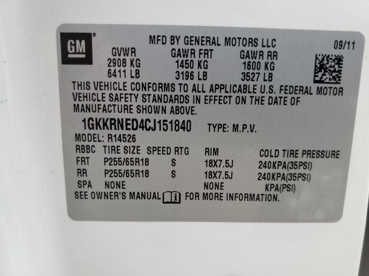 2012 GMC Acadia Sle VIN: 1GKKRNED4CJ151840 Lot: 68142764