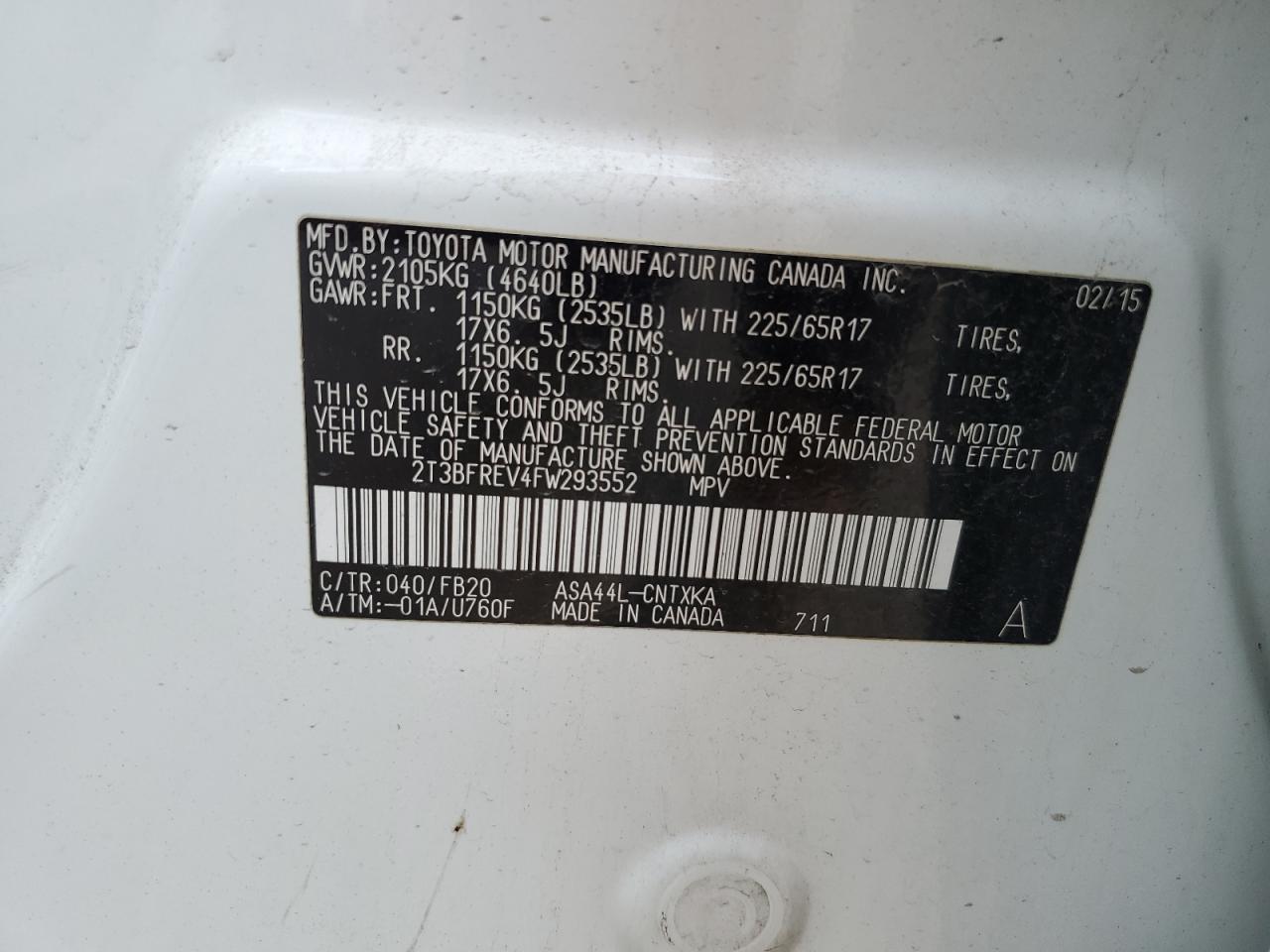 2T3BFREV4FW293552 2015 Toyota Rav4 Le