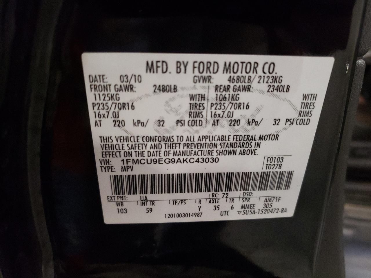 2010 Ford Escape Limited VIN: 1FMCU9EG9AKC43030 Lot: 69466814