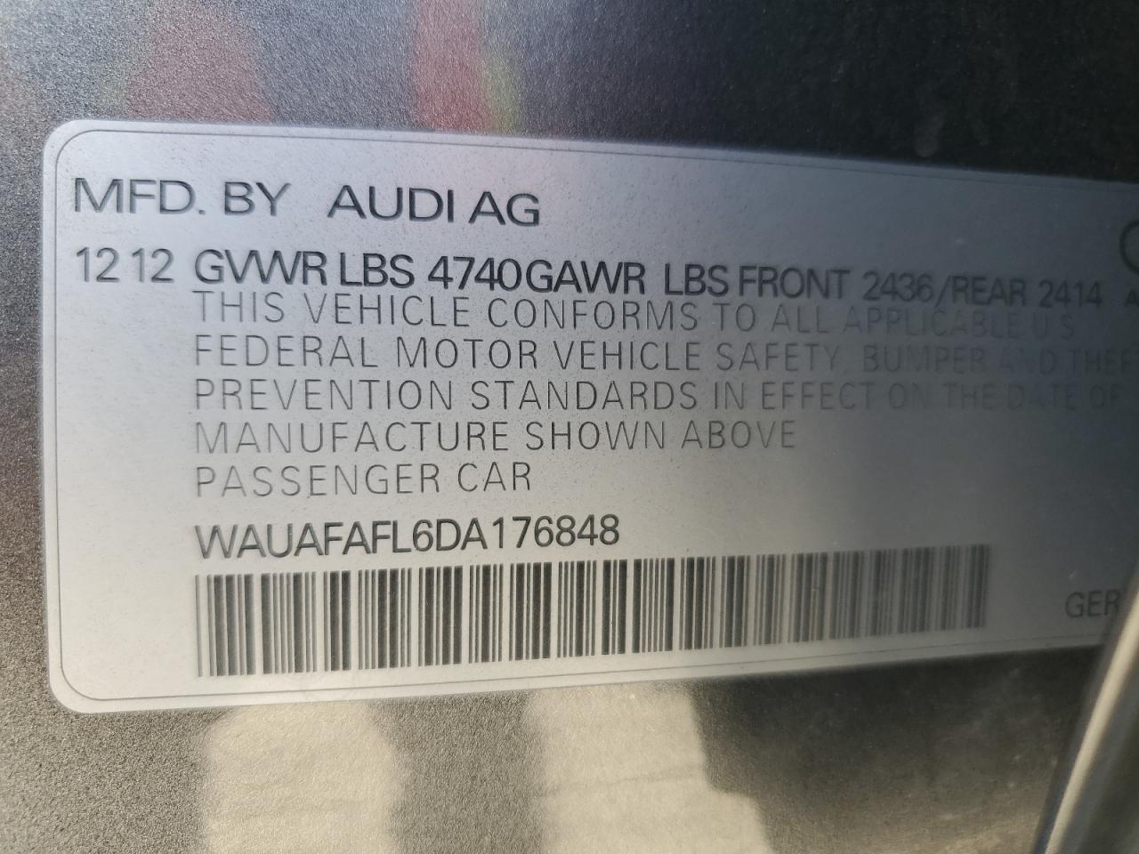 2013 Audi A4 Premium VIN: WAUAFAFL6DA176848 Lot: 64086934