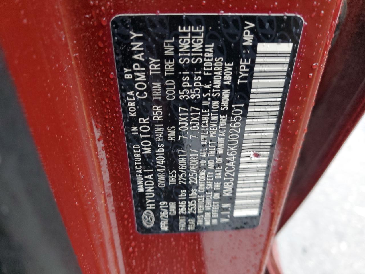 2019 Hyundai Tucson Se VIN: KM8J2CA46KU026501 Lot: 65749824