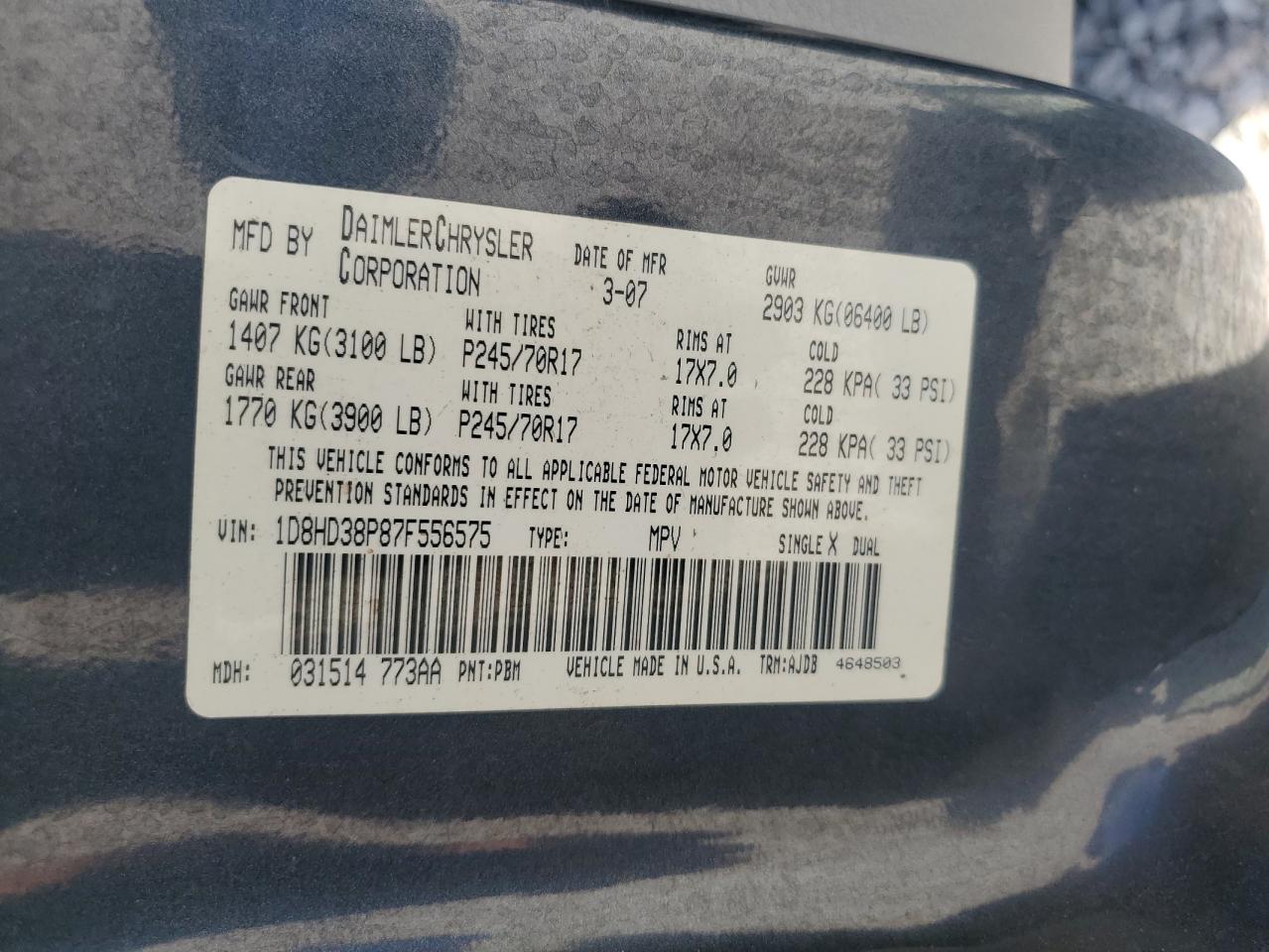 2007 Dodge Durango Sxt VIN: 1D8HD38P87F556575 Lot: 76496854