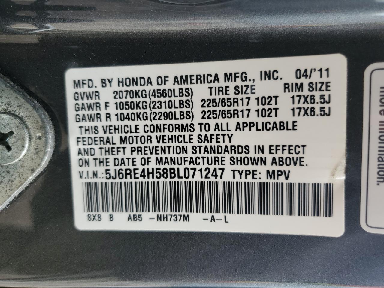 2011 Honda Cr-V Ex VIN: 5J6RE4H58BL071247 Lot: 68307944