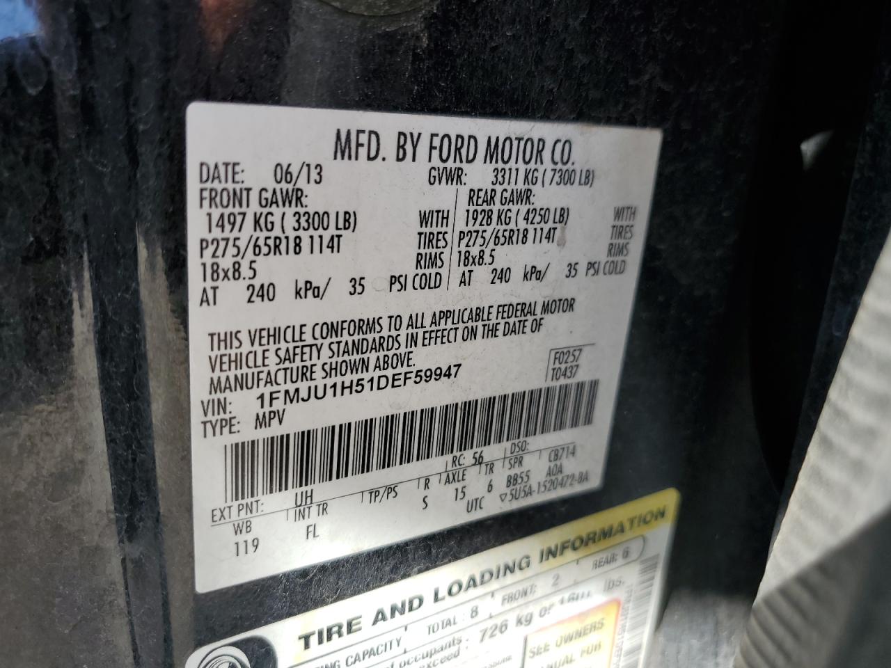 2013 Ford Expedition Xlt VIN: 1FMJU1H51DEF59947 Lot: 65754534