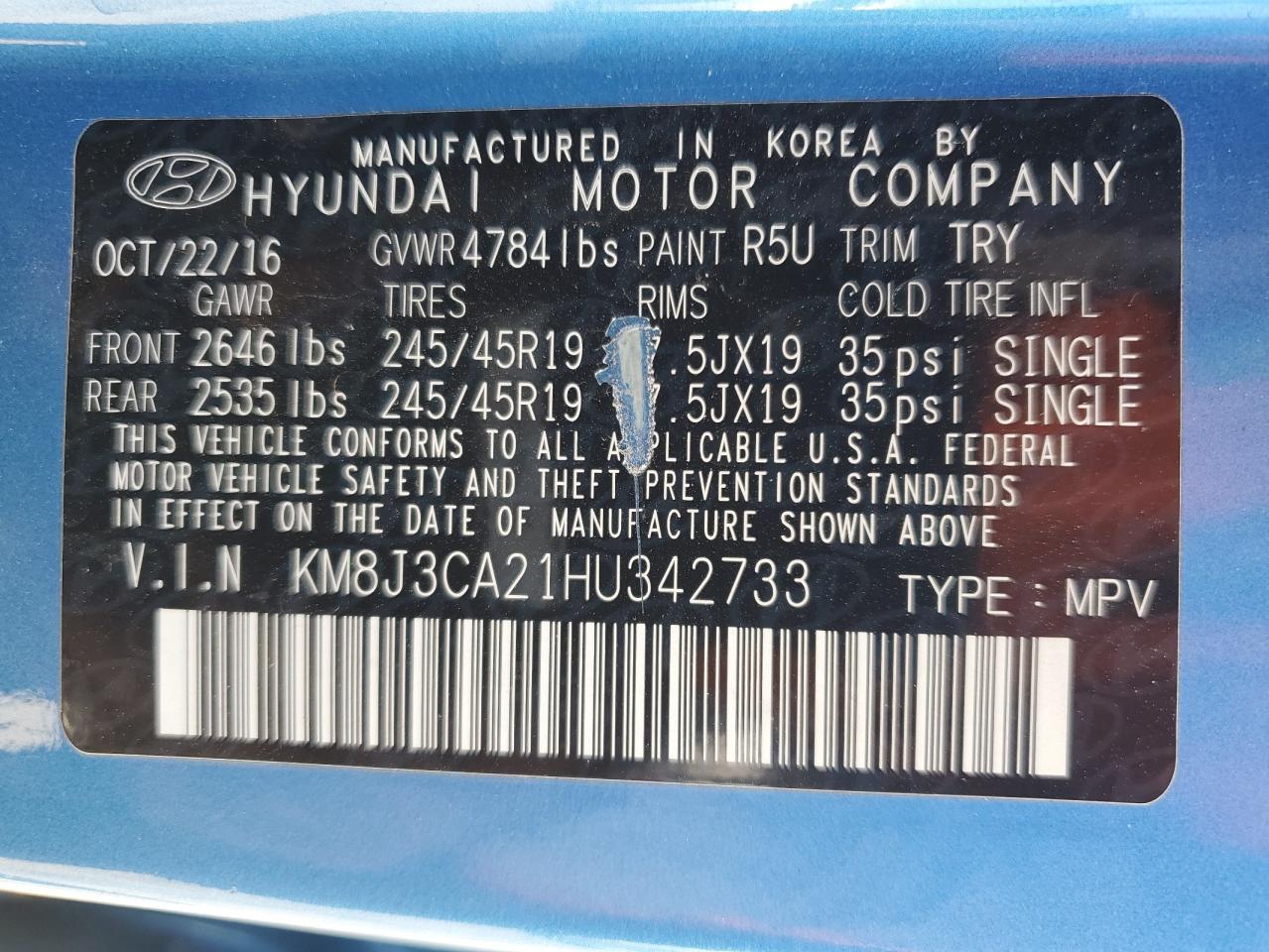 KM8J3CA21HU342733 2017 Hyundai Tucson Limited