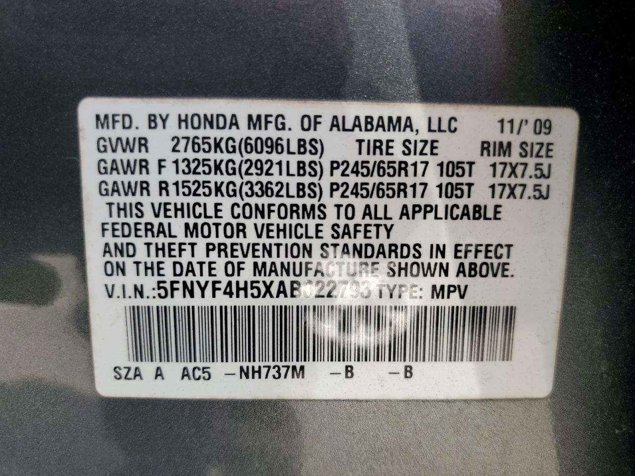 5FNYF4H5XAB022793 2010 Honda Pilot Exl