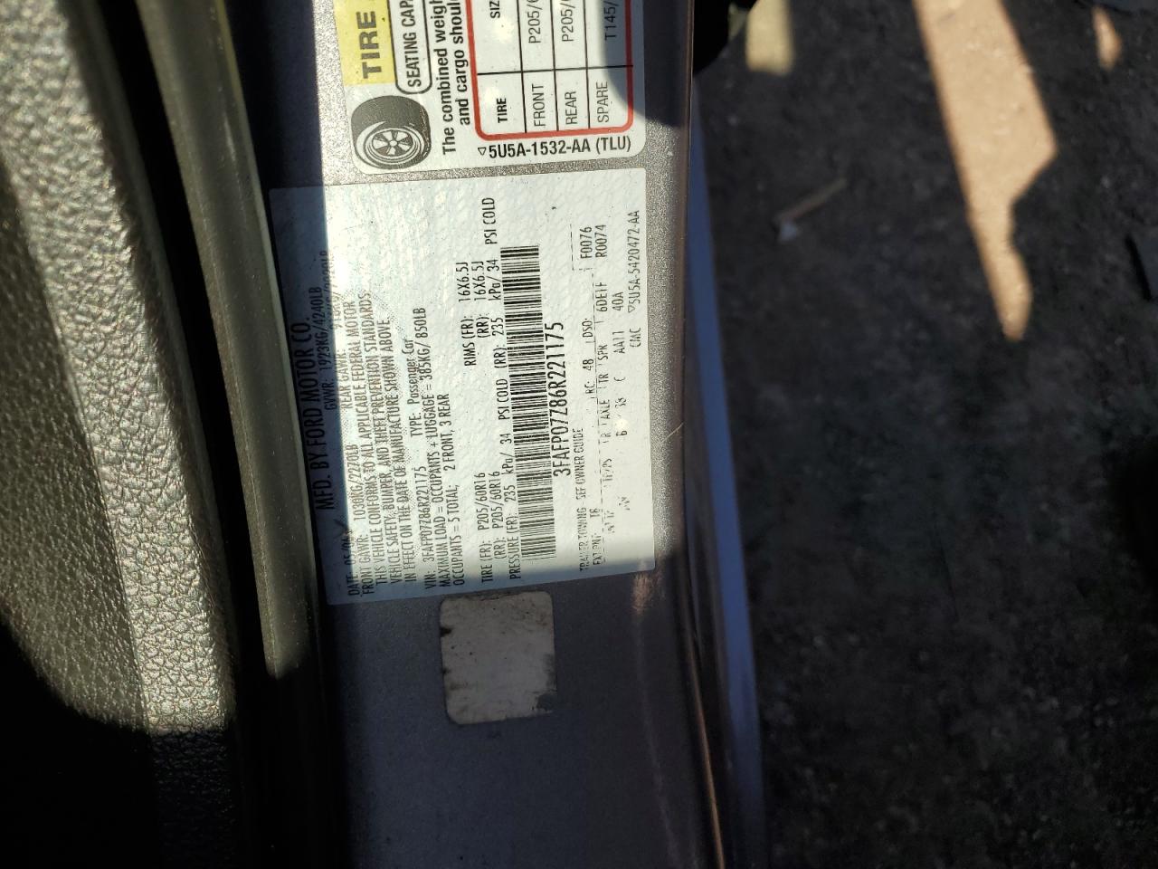 2006 Ford Fusion Se VIN: 3FAFP07Z86R221175 Lot: 66386284