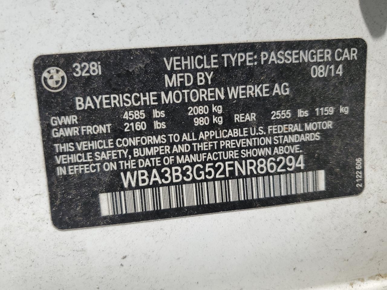 2015 BMW 328 Xi VIN: WBA3B3G52FNR86294 Lot: 65644744