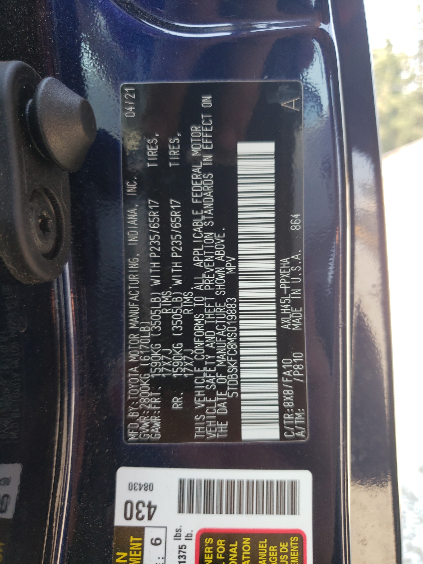 5TDBSKFC8MS019883 2021 Toyota Sienna Le