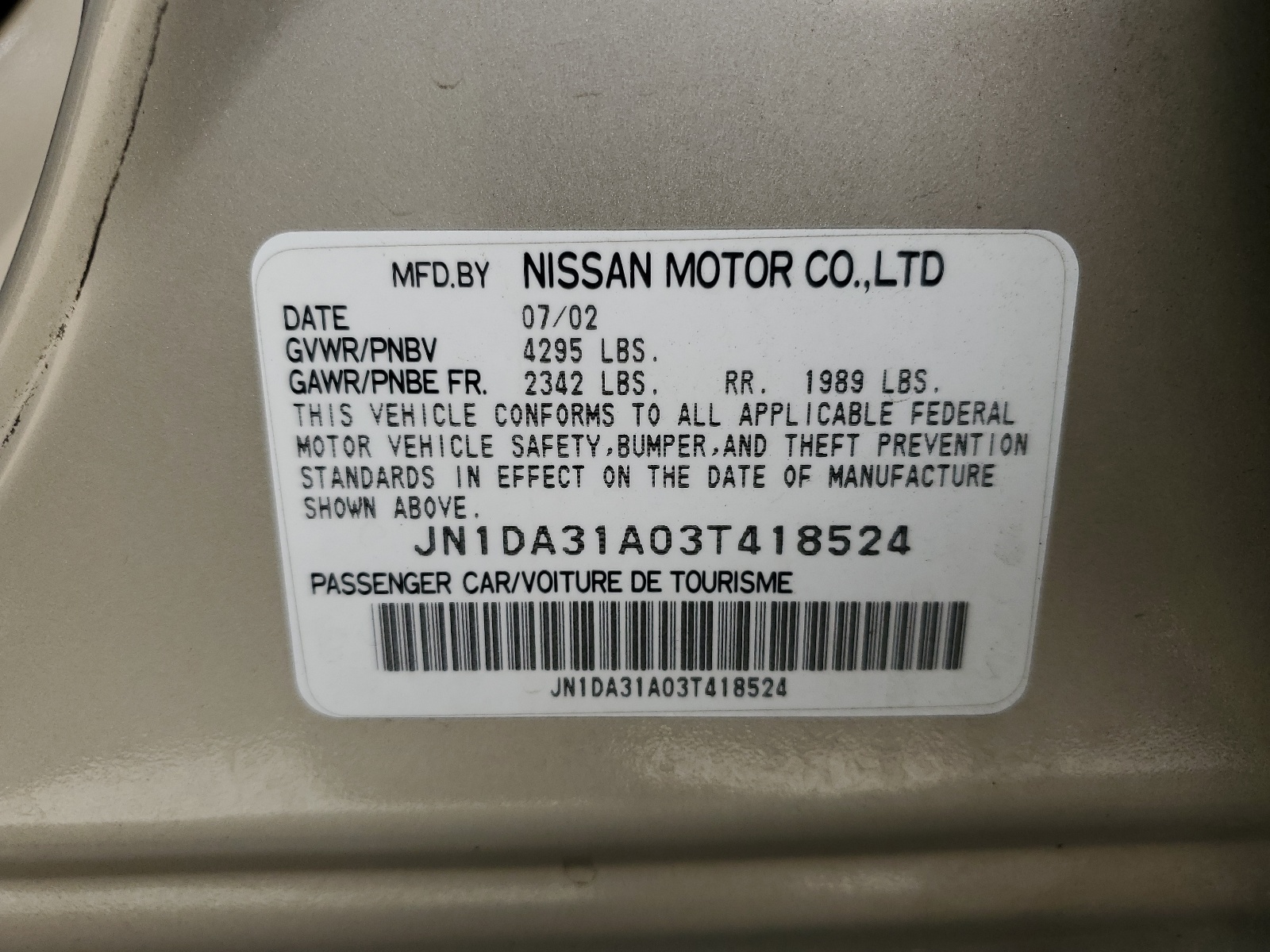 JN1DA31A03T418524 2003 Nissan Maxima Gle