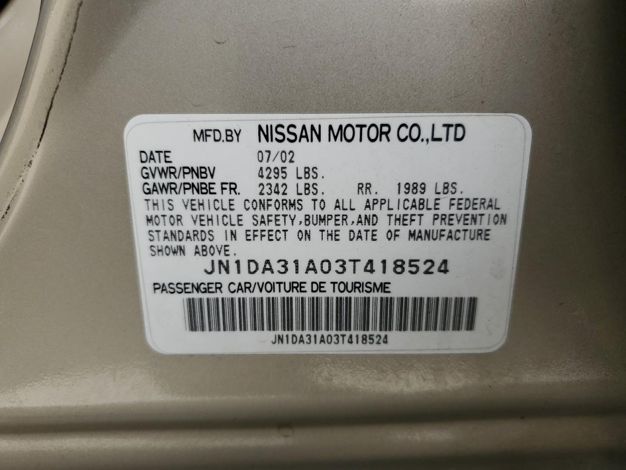 2003 Nissan Maxima Gle VIN: JN1DA31A03T418524 Lot: 65293054