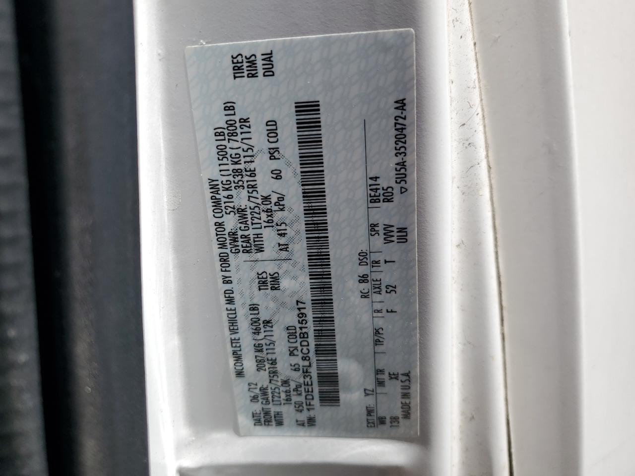 2012 Ford Econoline E350 Super Duty Cutaway Van VIN: 1FDEE3FL8CDB15917 Lot: 69333094