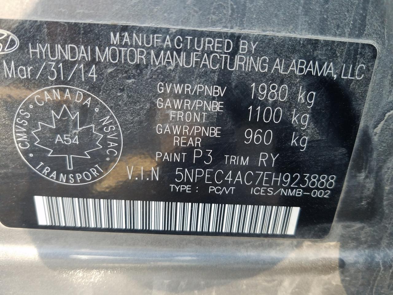 5NPEC4AC7EH923888 2014 Hyundai Sonata Se