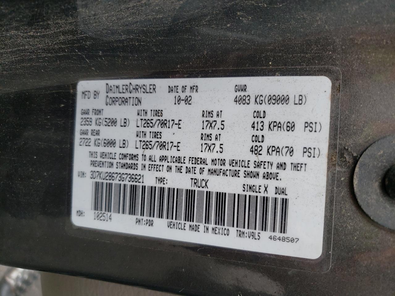 2003 Dodge Ram 2500 St VIN: 3D7KU28673G736621 Lot: 66148014