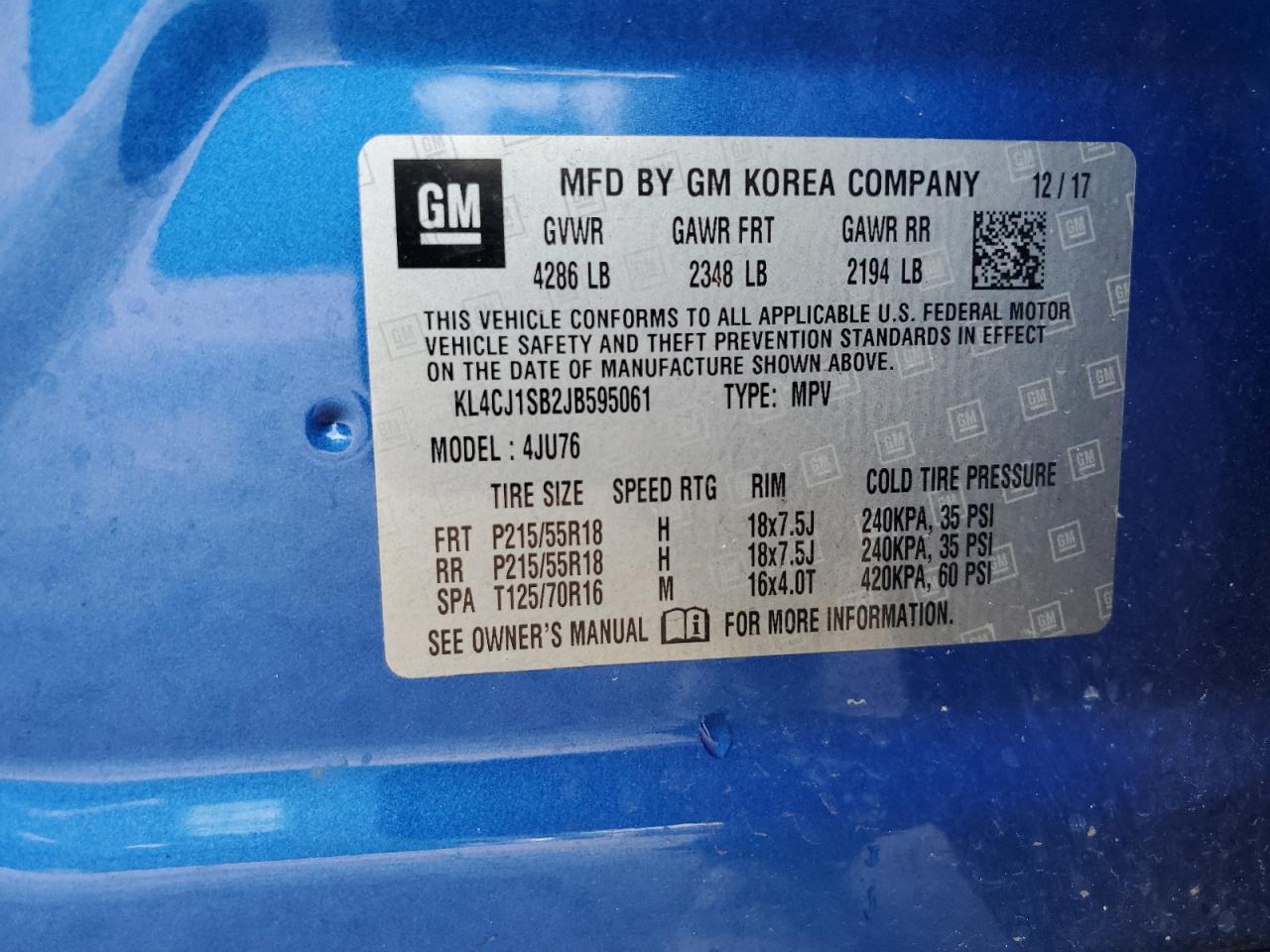 2018 Buick Encore Sport Touring VIN: KL4CJ1SB2JB595061 Lot: 68312624