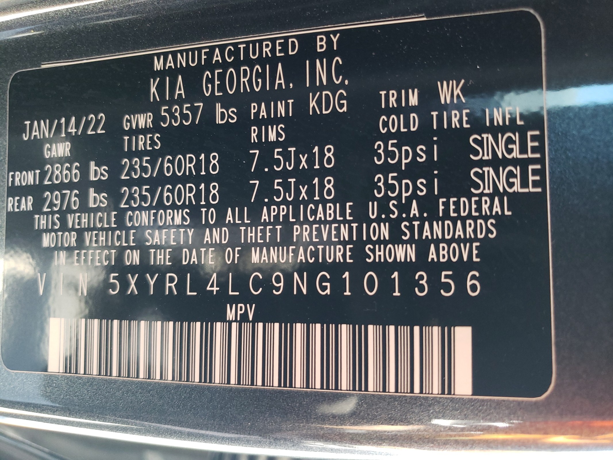 5XYRL4LC9NG101356 2022 Kia Sorento S