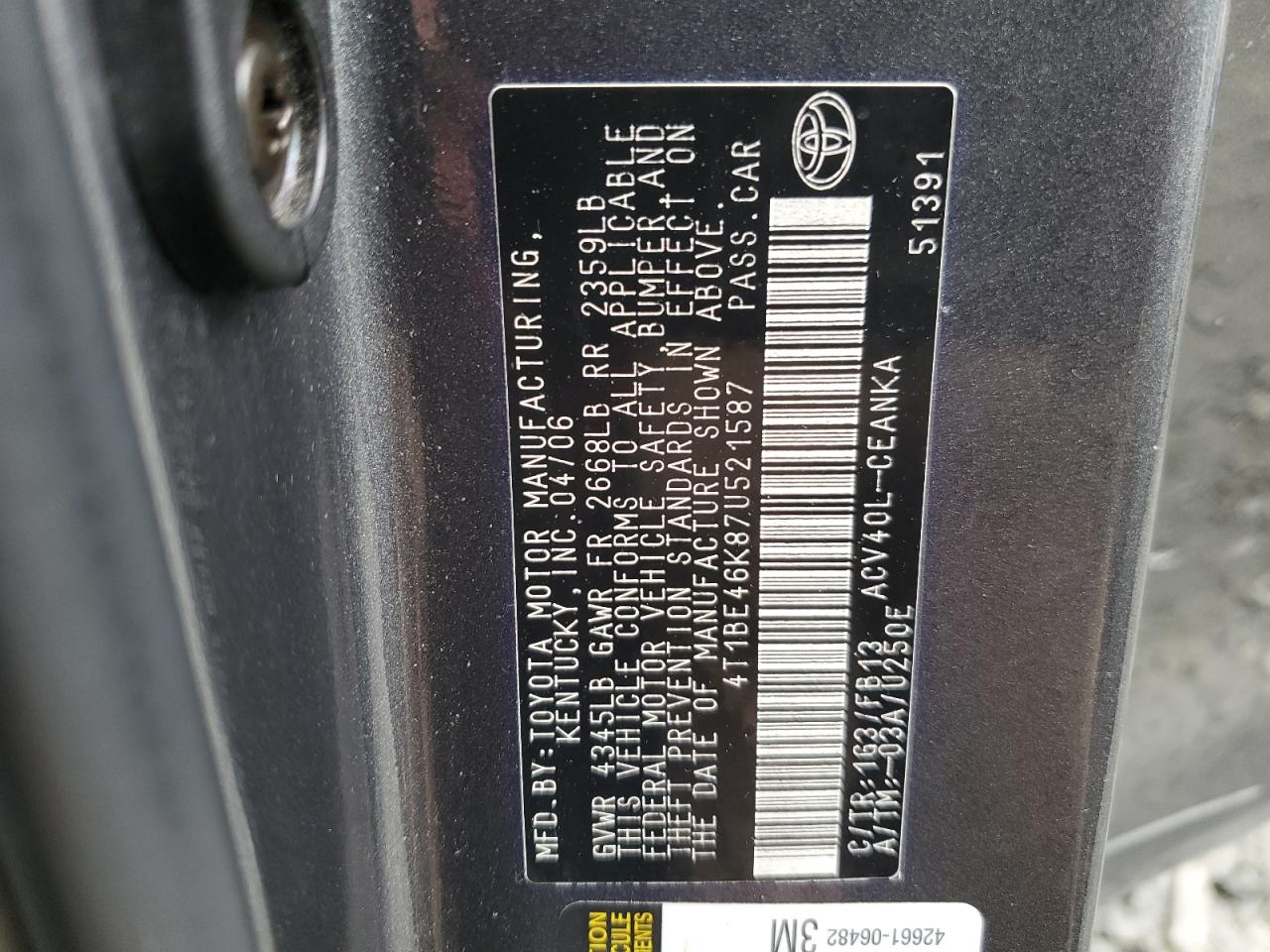 4T1BE46K87U521587 2007 Toyota Camry Ce